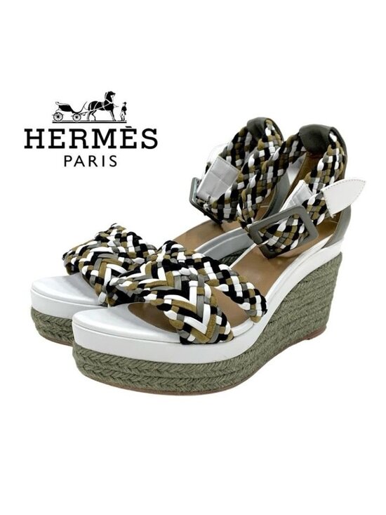 Hermes Sandals Shoes Leather Suede Khaki White Black Braided Wedge Sole
